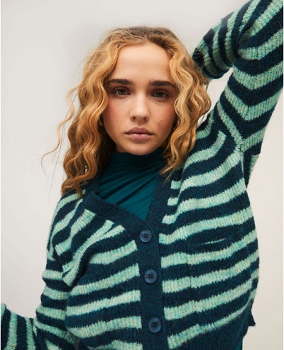 Striped Knitted Cardigan With V Neck Line Green