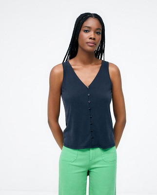 V Neck Top With Straps And Buttons Black