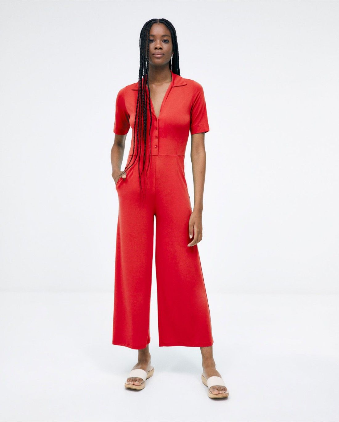 Long Shirt Style Jumpsuit With Pockets Red