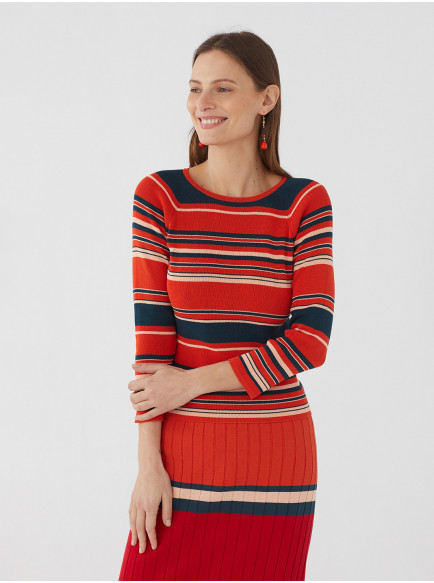 Rib Striped Sweater With Boatneck