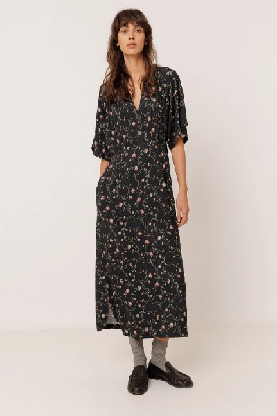Long Floral Print Dress Navy