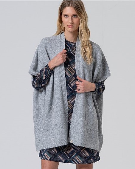 Open Knit Poncho With Pockets Grey