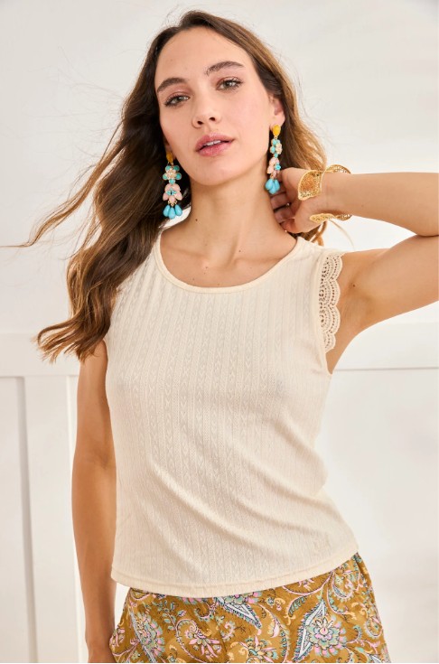 Elastic Top With Embroidered Trim On Sleeve