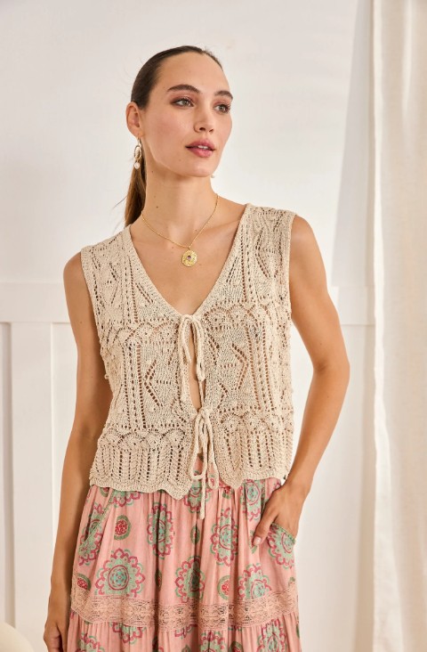 Knit Top With Relief Knit Detail And Tie Bow