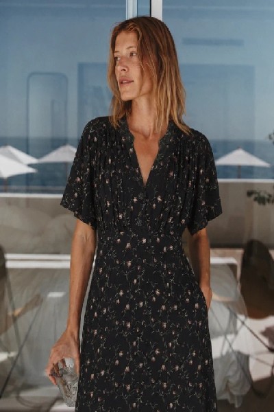 Long Floral Print Dress Navy
