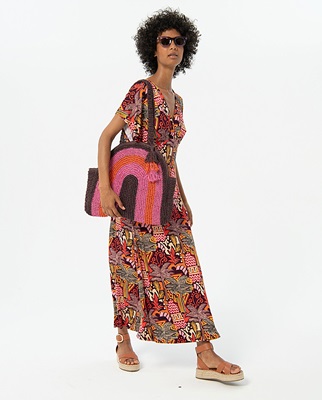Long Dress With V Neck Line Ans Wide Sleeves Multi