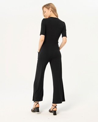 Crossover Neckline Jumpsuit Short Sleevs Black