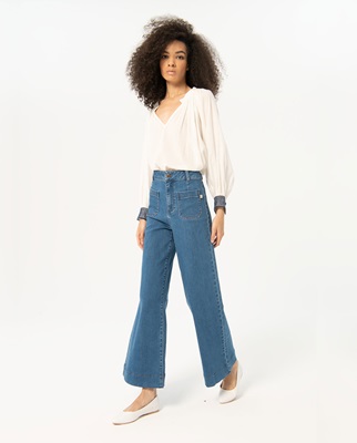 Wide Woven Tweed Trousers With Patch Pockets Blue