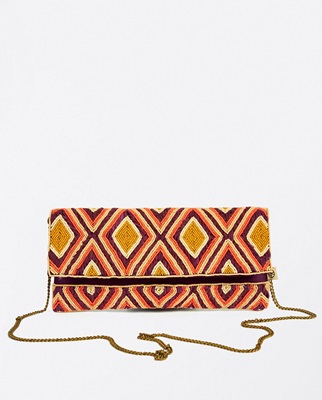 Clutch With Flap Embroidered Beads And Raffia Maroon