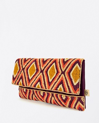 Clutch With Flap Embroidered Beads And Raffia Maroon