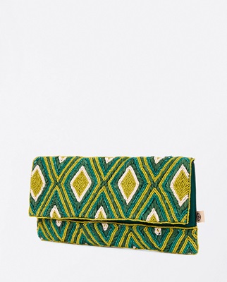 Clutch With Flap Embroidered Beads And Raffia Green