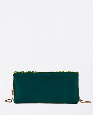 Clutch With Flap Embroidered Beads And Raffia Green