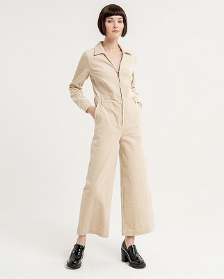 Corduroy Jumpsuit With Zipper And Shirt Collar Ecru