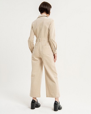 Corduroy Jumpsuit With Zipper And Shirt Collar Ecru
