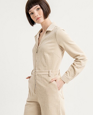 Corduroy Jumpsuit With Zipper And Shirt Collar Ecru