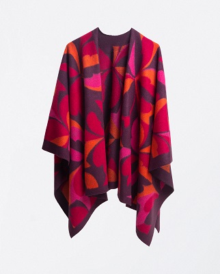 Jaquard Poncho With Colored Petails Red