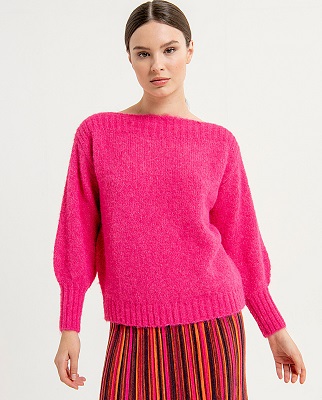 Puffed Sleeve Sweater With Boatneck Line Fuchsia