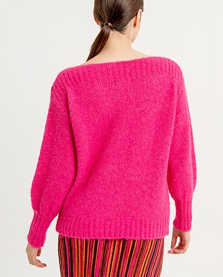 Puffed Sleeve Sweater With Boatneck Line Fuchsia