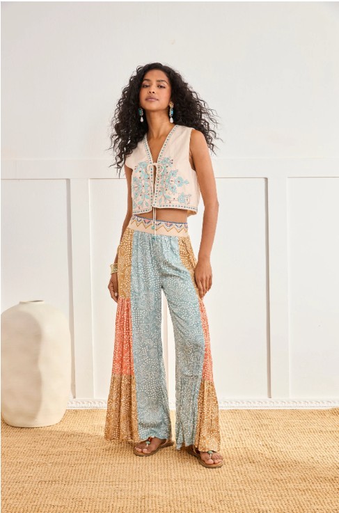 Printed Trousers With Mixed Colours And Embroidered Waistband