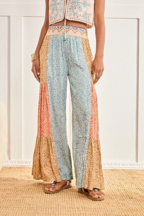 Printed Trousers With Mixed Colours And Embroidered Waistband