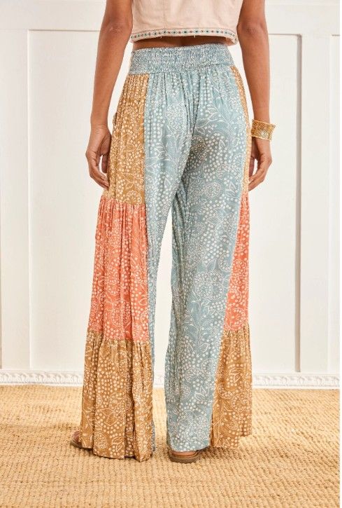 Printed Trousers With Mixed Colours And Embroidered Waistband