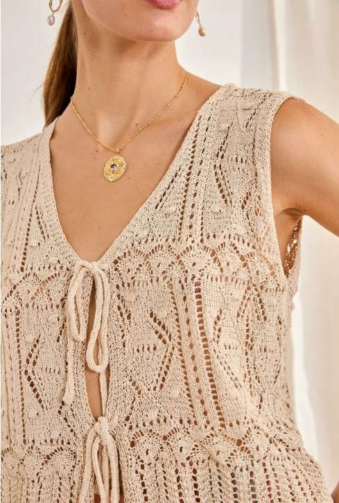 Knit Top With Relief Knit Detail And Tie Bow