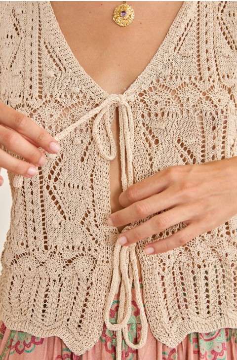 Knit Top With Relief Knit Detail And Tie Bow