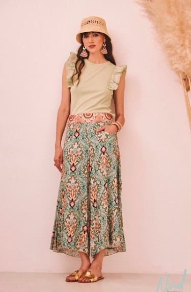 Embroidered Printed Fluid Trousers