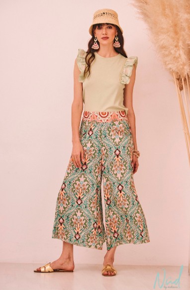 Embroidered Printed Fluid Trousers