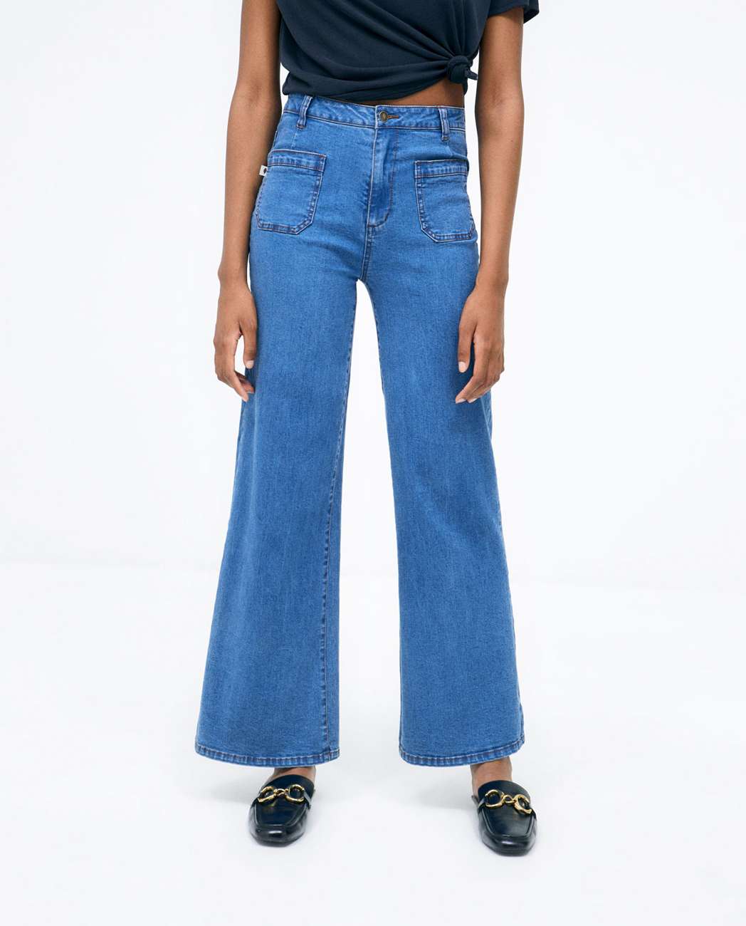 Wide Denim Pants With Front Pockets Blue