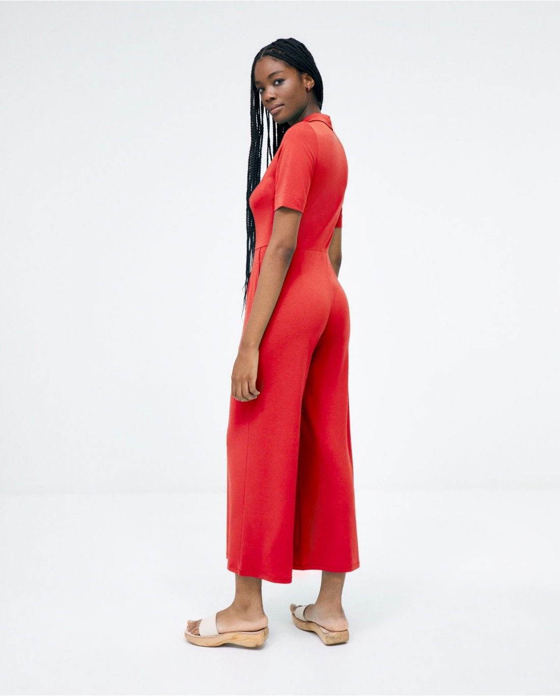 Long Shirt Style Jumpsuit With Pockets Red