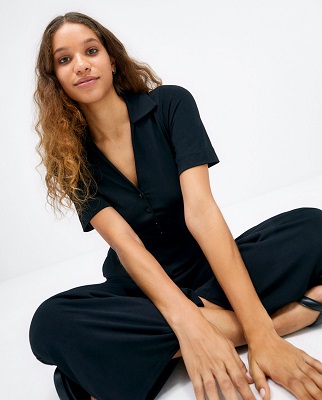 Long Shirt Style Jumpsuit With Pockets Black