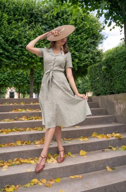 Revers Dress Midi Stripe Olive