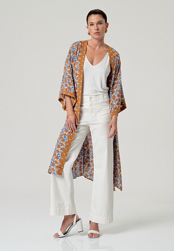 Losvallende kimono met riem, bruin 